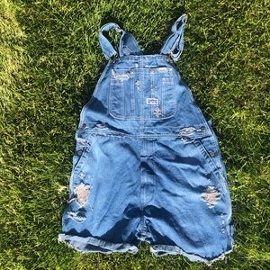 Vintage, hand-distressed short overalls
